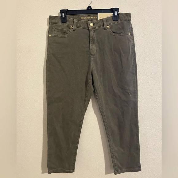NEW MICHAEL KORS Izzy Cropped Skinny Jeans Green Mid Rise Cotton Stretch Sz 12 - Picture 1 of 9